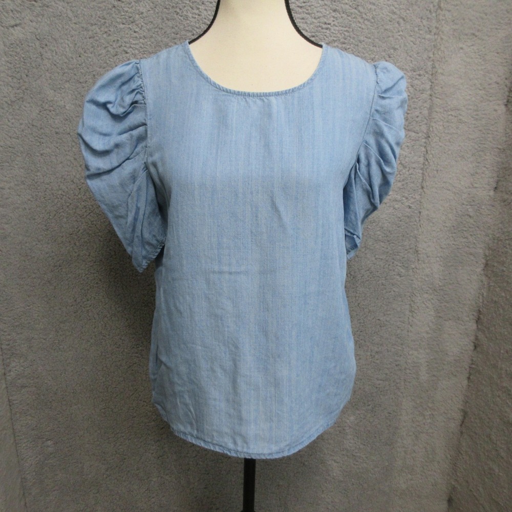 TCEC Chambray Shirt Womens‎ Medium Blue Puff Sleeve Lightweight Coastal Chic